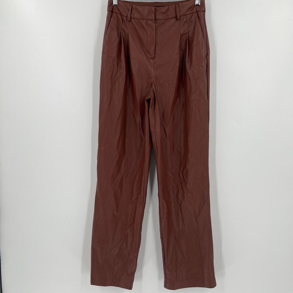 House Of Harlow Size 2 Brown Faux Leather Tapered Leg Pants‎ Pleated Trousers